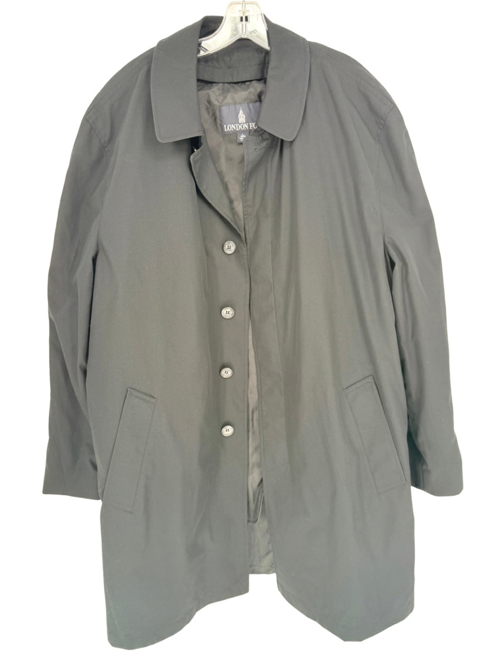 London Fog Black Trench Coat Large Reg Rain Jacket Beltless Car Coat Minimalist